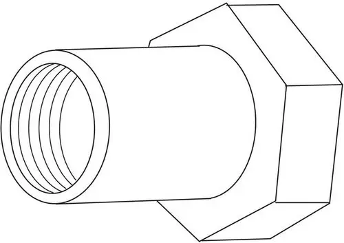Drehfitting aus Metall mit einem sechseckigen Kopf und einem zylindrischen, innen gerippten Anschluss. Produkt von IMI Hydronic Engineering.